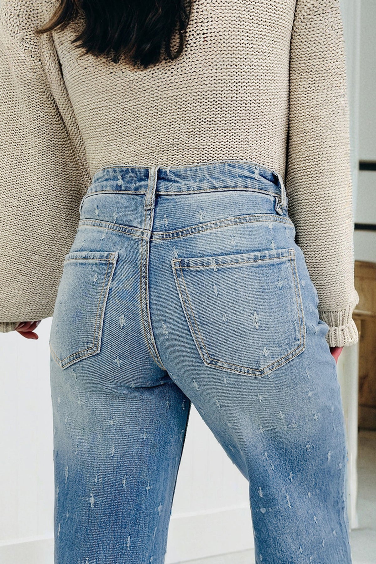 Mist Blue distressed detail tummy control raw hem jeans by Dear-Lover, casual bottoms with cotton and elastane for a comfortable fit.