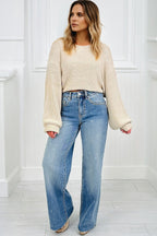 Mist Blue distressed detail tummy control raw hem jeans by Dear-Lover Dropshipping, casual denim bottoms with stretch and distressed accents.