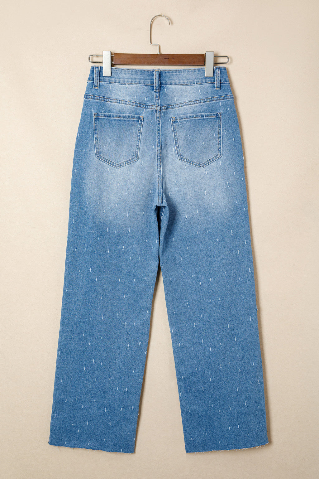 Mist Blue distressed detail tummy control jeans from Dear-Lover Dropshipping, raw hem, cotton blend, fitted bottoms for women.