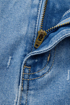 Mist Blue distressed detail tummy control raw hem jeans by Dear-Lover Dropshipping, casual denim bottoms with raw hem and stretch fit.