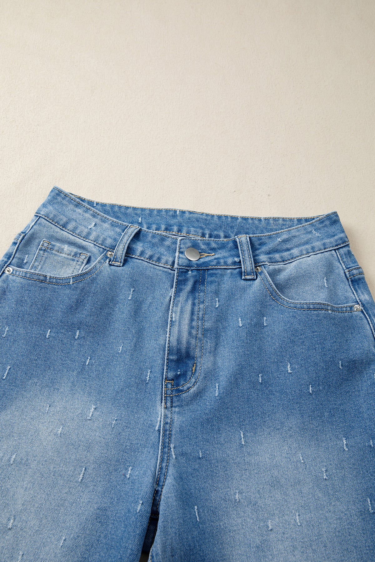 Mist Blue distressed detail tummy control raw hem jeans by Dear-Lover Dropshipping, casual bottoms with stretchy cotton blend fabric.