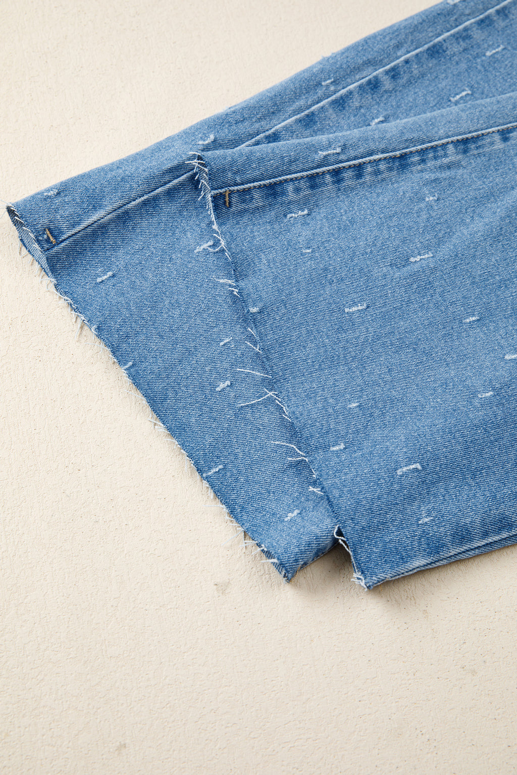 Mist Blue distressed detail tummy control jeans by Dear-Lover with raw hem, cotton blend, fitted bottoms, and casual style.