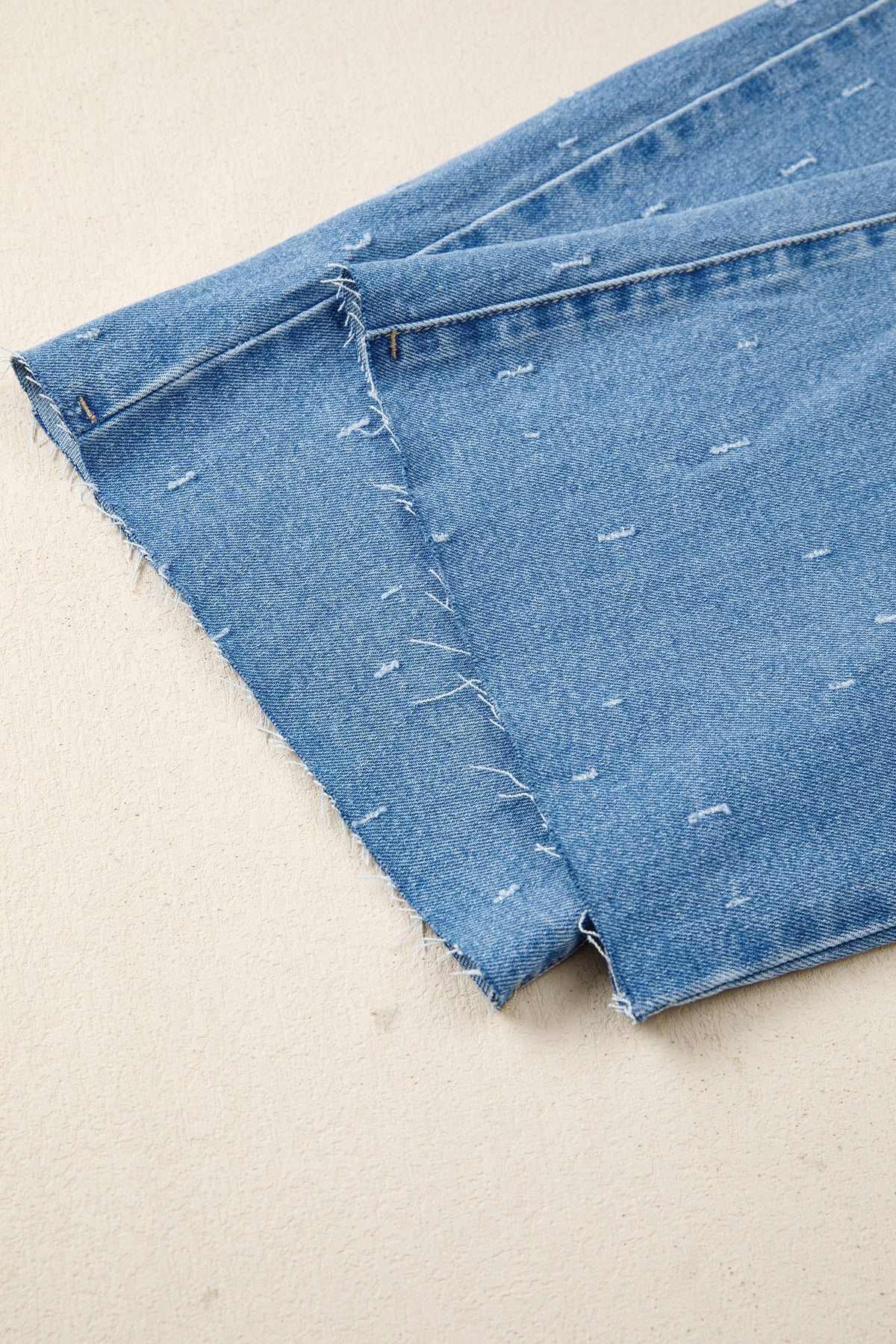 Mist Blue distressed detail tummy control jeans by Dear-Lover with raw hem, cotton blend, fitted bottoms, and casual style.