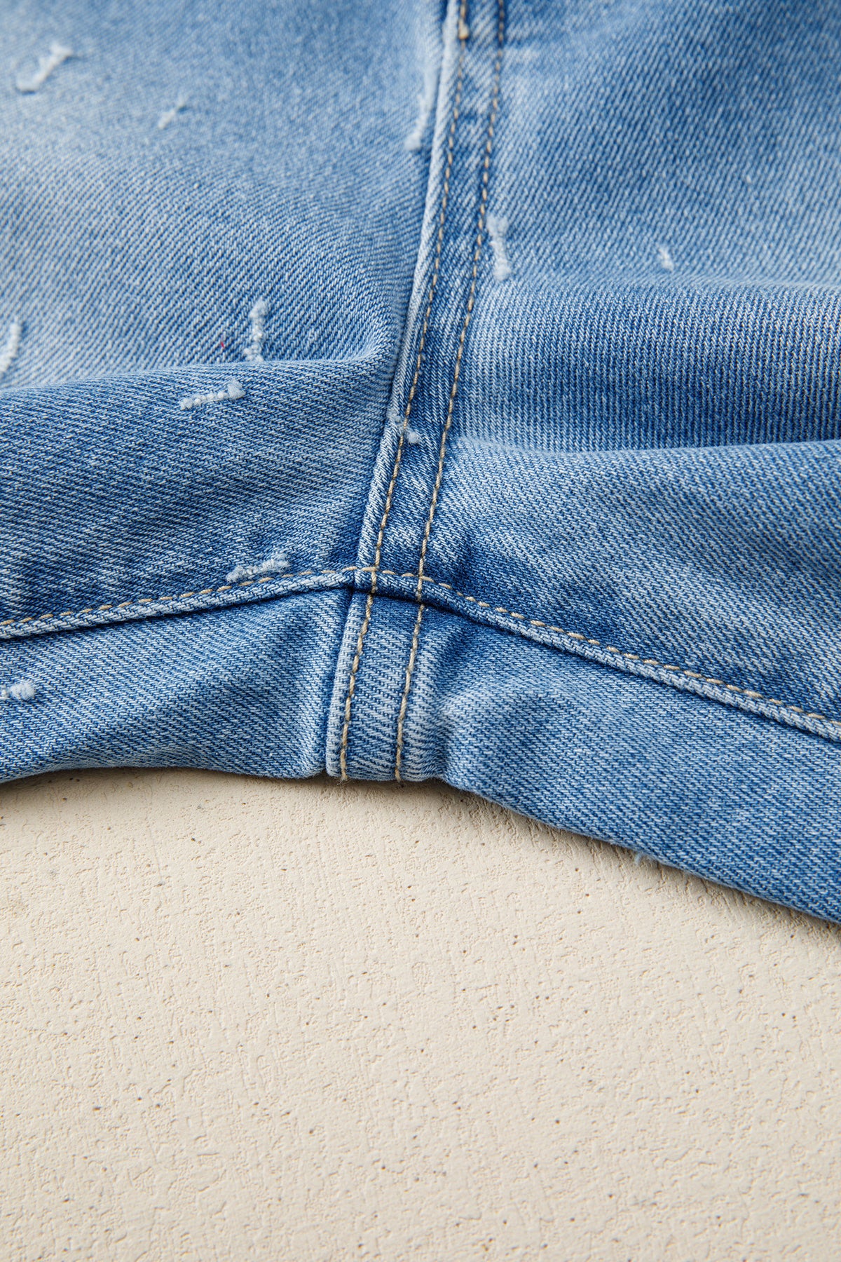 Mist Blue distressed detail tummy control jeans with raw hem from Dear-Lover, made of cotton, polyester, and elastane.