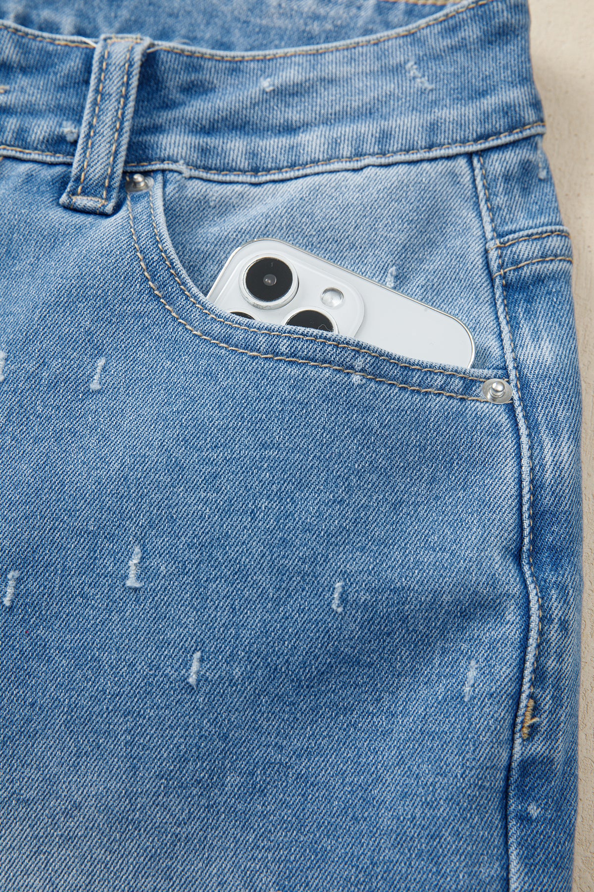 Mist Blue distressed detail tummy control jeans by Dear-Lover, raw hem, cotton blend, fitted bottoms for a stylish look.