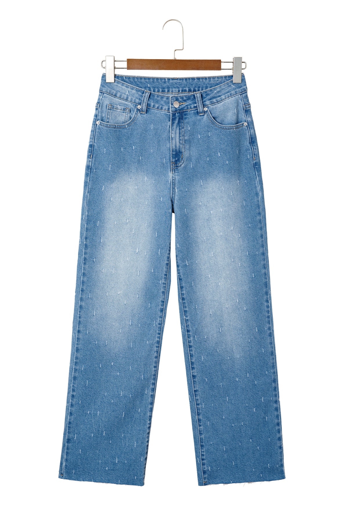 Mist Blue distressed detail tummy control raw hem jeans by Dear-Lover Dropshipping, casual bottoms with a fitted silhouette.