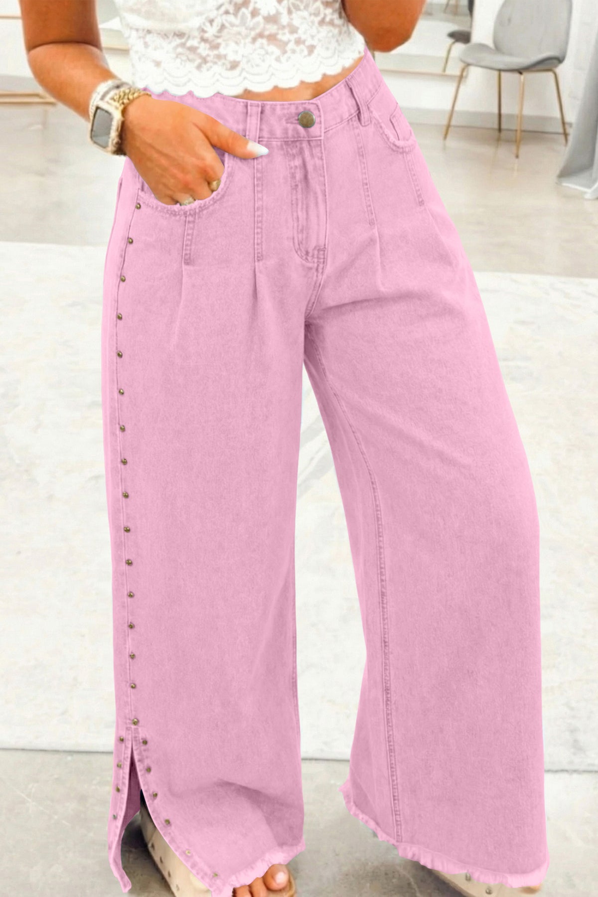 Pink beaded side detail split loose jeans from Dear-Lover Dropshipping, casual denim bottoms with relaxed fit.