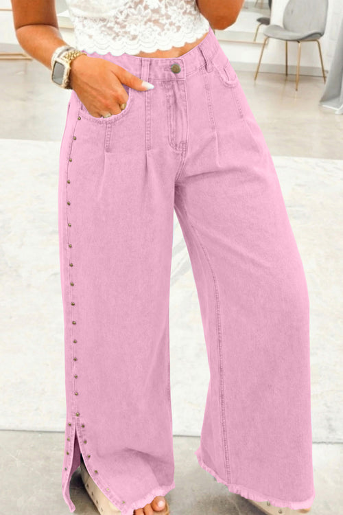 Pink beaded side detail split loose jeans from Dear-Lover Dropshipping, casual denim bottoms with relaxed fit.