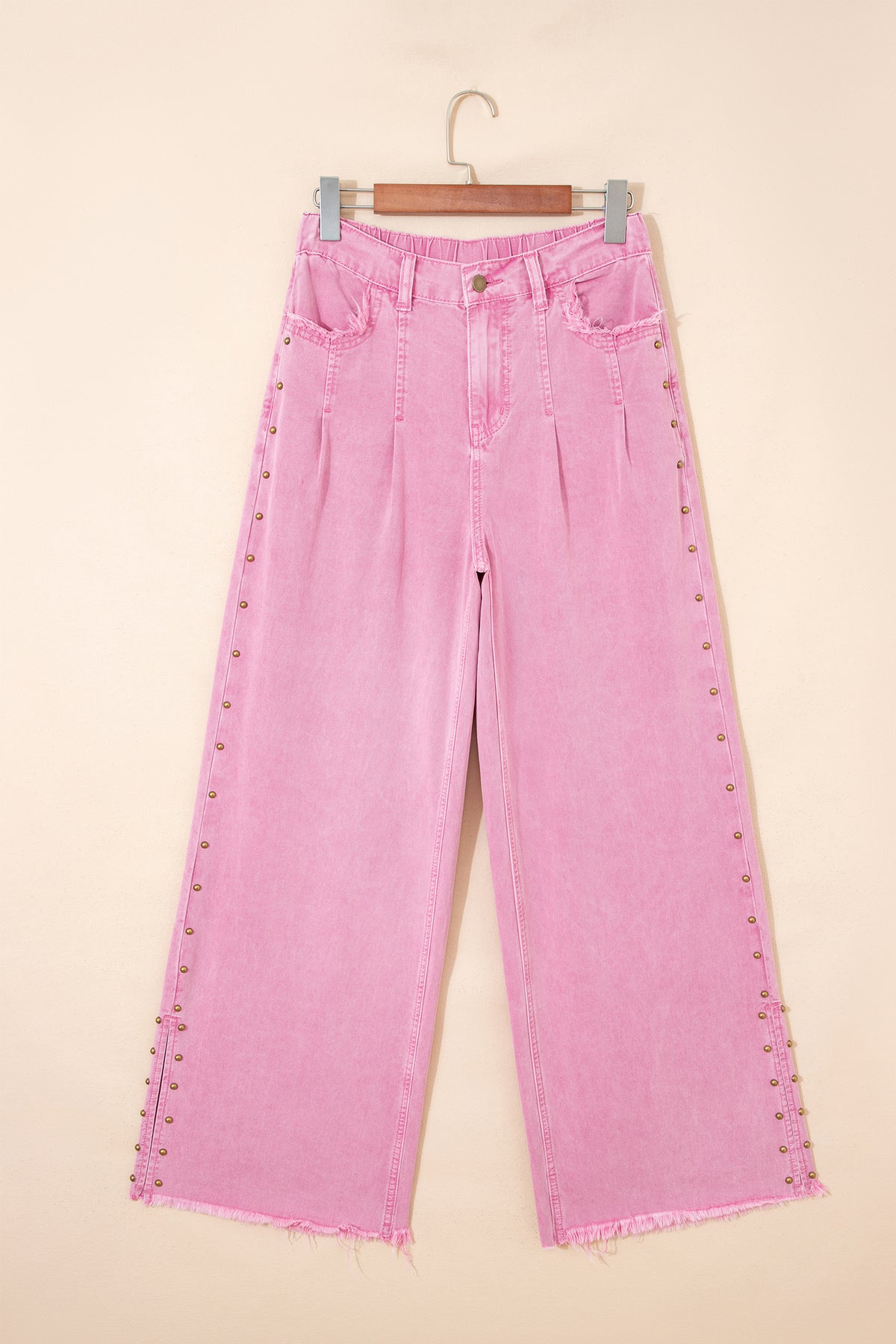 Pink Dear-Lover loose jeans with beaded side details, split design, and comfortable, relaxed fit for casual wear.