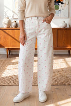 Pink polka dot print barrel jeans with seam detail from Dear-Lover Dropshipping, made of cotton, polyester, and elastane.