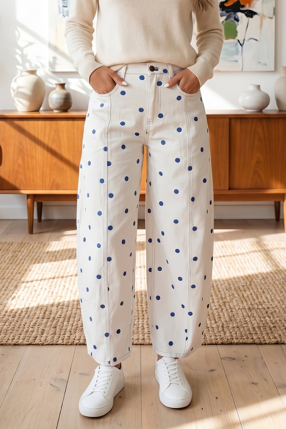 Pink polka dot print barrel jeans with seam details by Dear-Lover Dropshipping, made from cotton, polyester, and elastane.