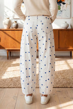 Pink barrel jeans with polka dot print, seam details, made of cotton, polyester, and elastane, by Dear-Lover.