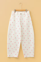 Pink polka dot print barrel jeans with seam details from Dear-Lover Dropshipping, made of cotton, polyester, and elastane.