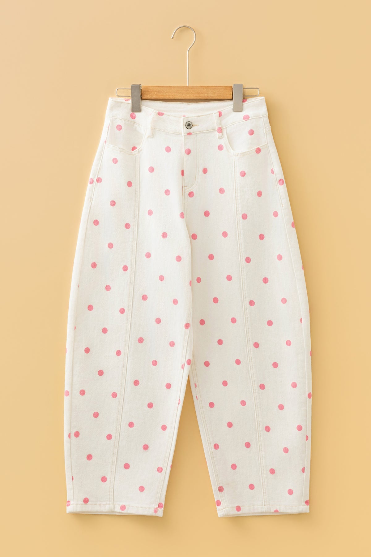 Pink polka dot print barrel jeans with seam details from Dear-Lover Dropshipping, made of cotton, polyester, and elastane.