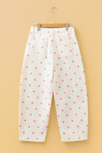 Pink polka dot print barrel jeans with seam details from Dear-Lover Dropshipping, made of cotton, polyester, and elastane.