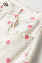 Pink polka dot print barrel jeans with seam details from Dear-Lover Dropshipping, made of cotton, polyester, and elastane.