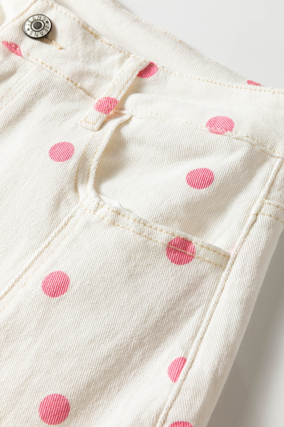 Pink polka dot print barrel jeans with seam details from Dear-Lover Dropshipping, made of cotton, polyester, and elastane.