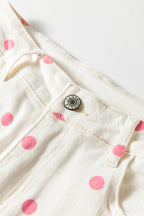 Pink polka dot print barrel jeans with seam detail by Dear-Lover Dropshipping, made of cotton, polyester, and elastane for a stylish fit.