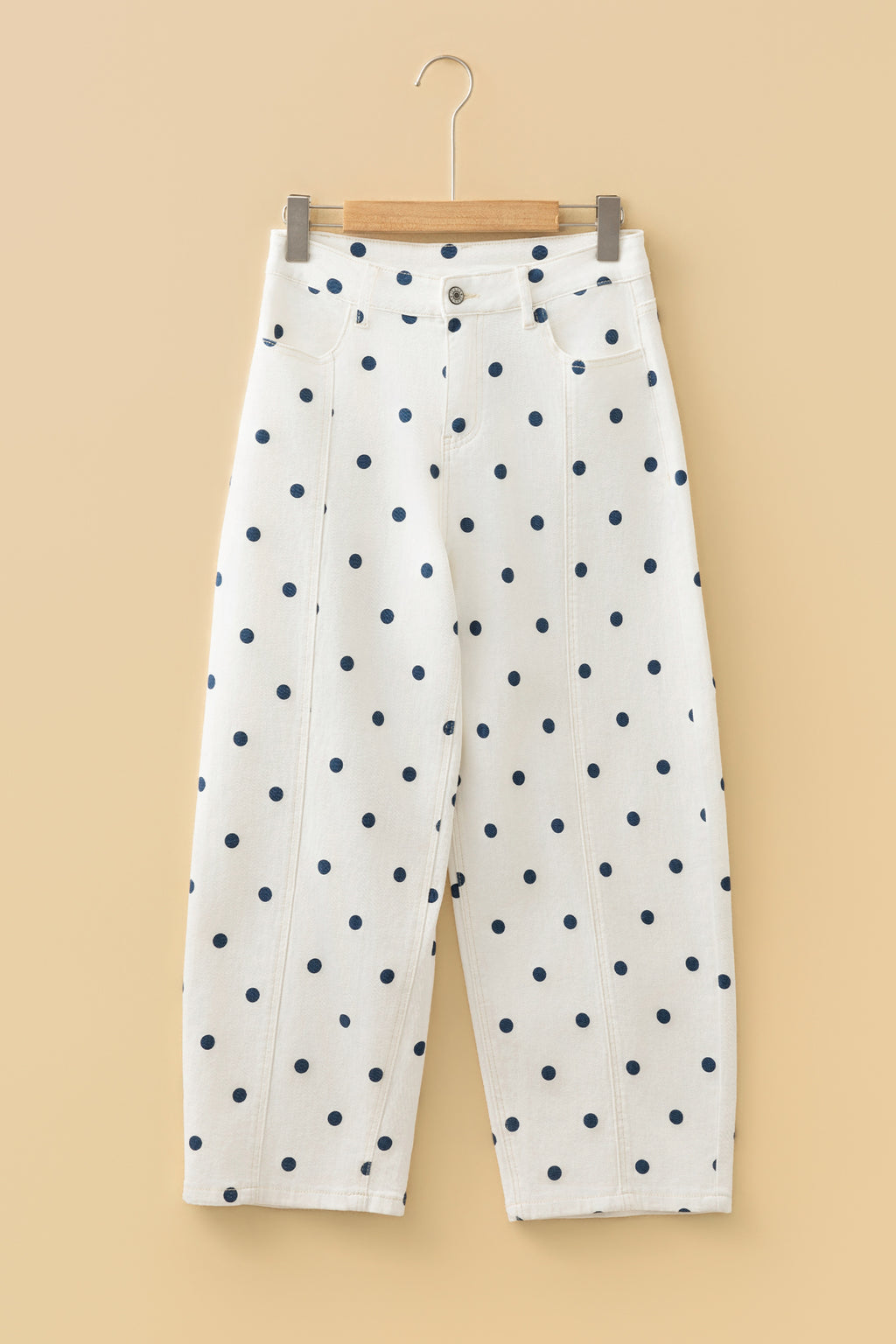 Pink polka dot print barrel jeans with seam details from Dear-Lover, made of cotton, polyester, and elastane, casual bottoms.