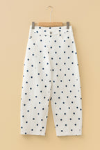Pink polka dot print barrel jeans with seam details from Dear-Lover, made of cotton, polyester, and elastane, casual bottoms.