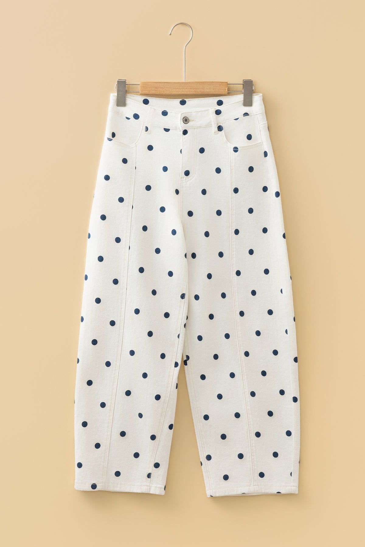 Pink polka dot print barrel jeans with seam details from Dear-Lover, made of cotton, polyester, and elastane, casual bottoms.