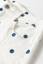 Pink polka dot print barrel jeans with seam details from Dear-Lover Dropshipping, made of cotton, polyester, and elastane.