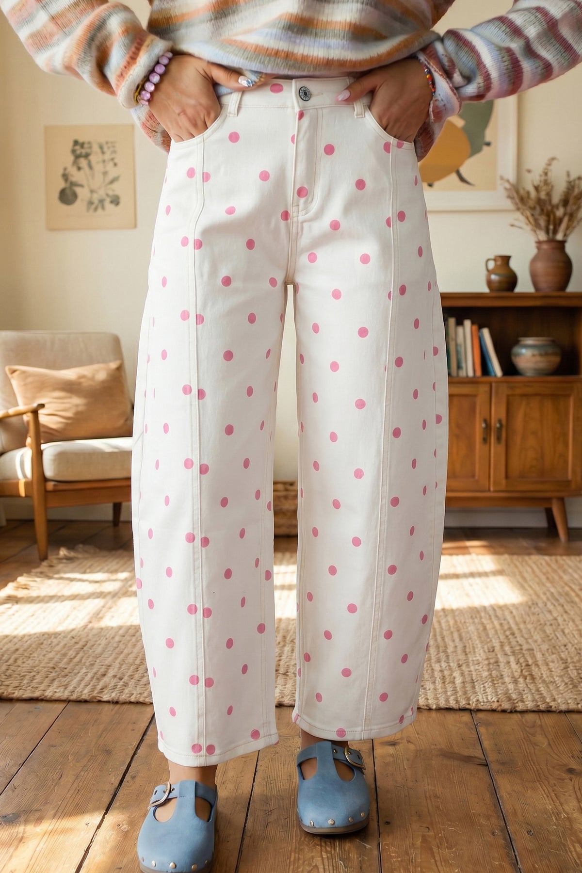 Pink polka dot print barrel jeans with seam details from Dear-Lover Dropshipping, made of cotton, polyester, and elastane.