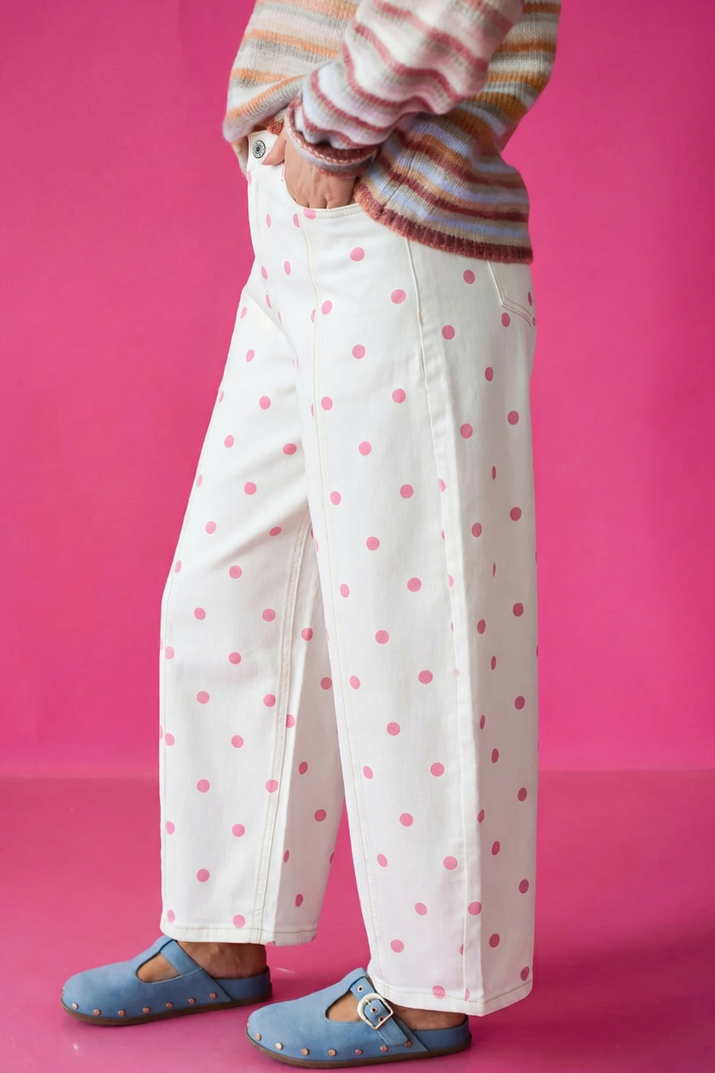 Pink polka dot print barrel jeans with seam detail from Dear-Lover Dropshipping, made of cotton, polyester, and elastane.