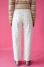 Pink polka dot print barrel jeans with seam details from Dear-Lover Dropshipping, made of cotton, polyester, and elastane.