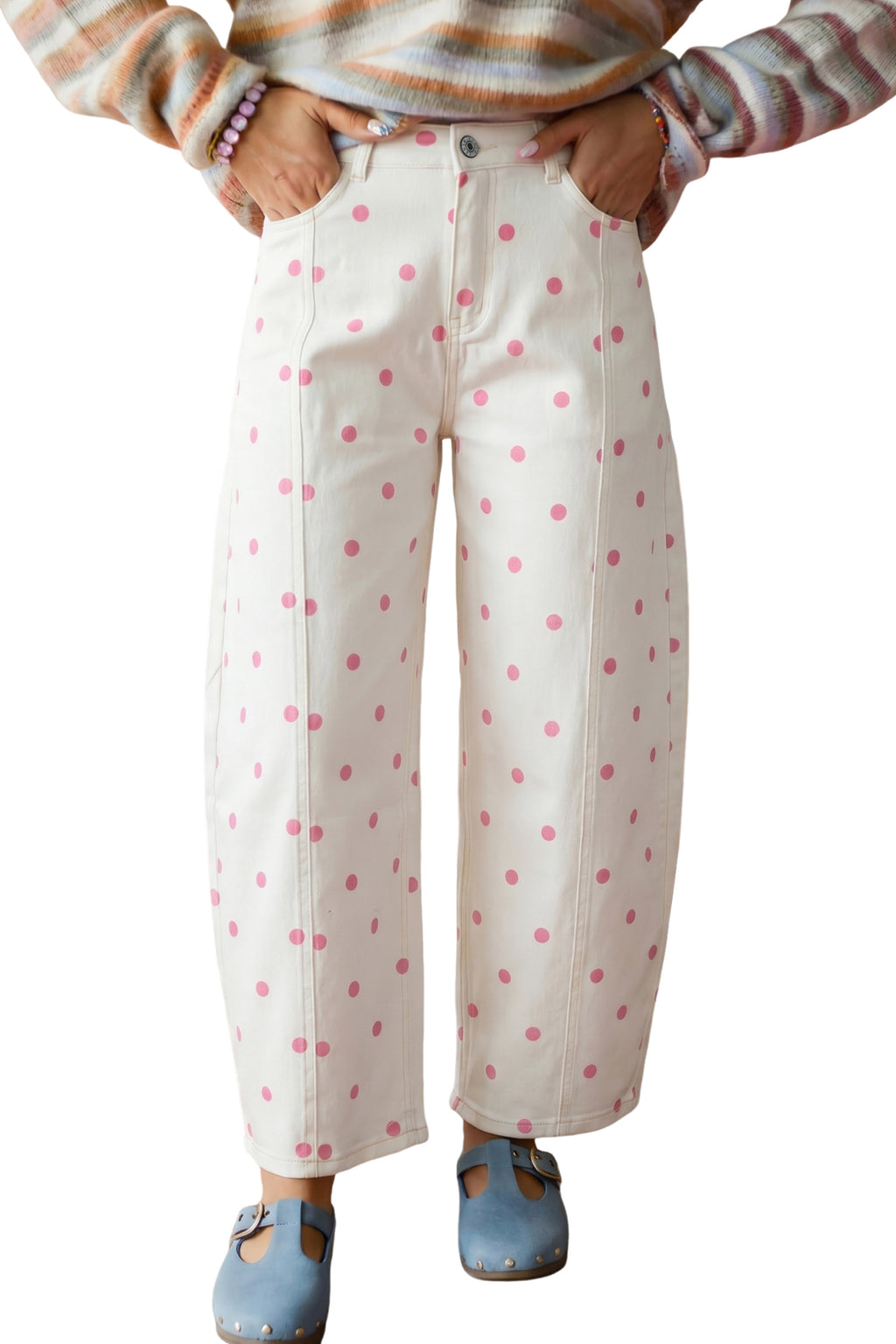 Pink polka dot print barrel jeans with seam detail from Dear-Lover Dropshipping, made of cotton, polyester, and elastane fabric.
