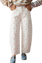 Pink polka dot print barrel jeans with seam detail from Dear-Lover Dropshipping, made of cotton, polyester, and elastane fabric.