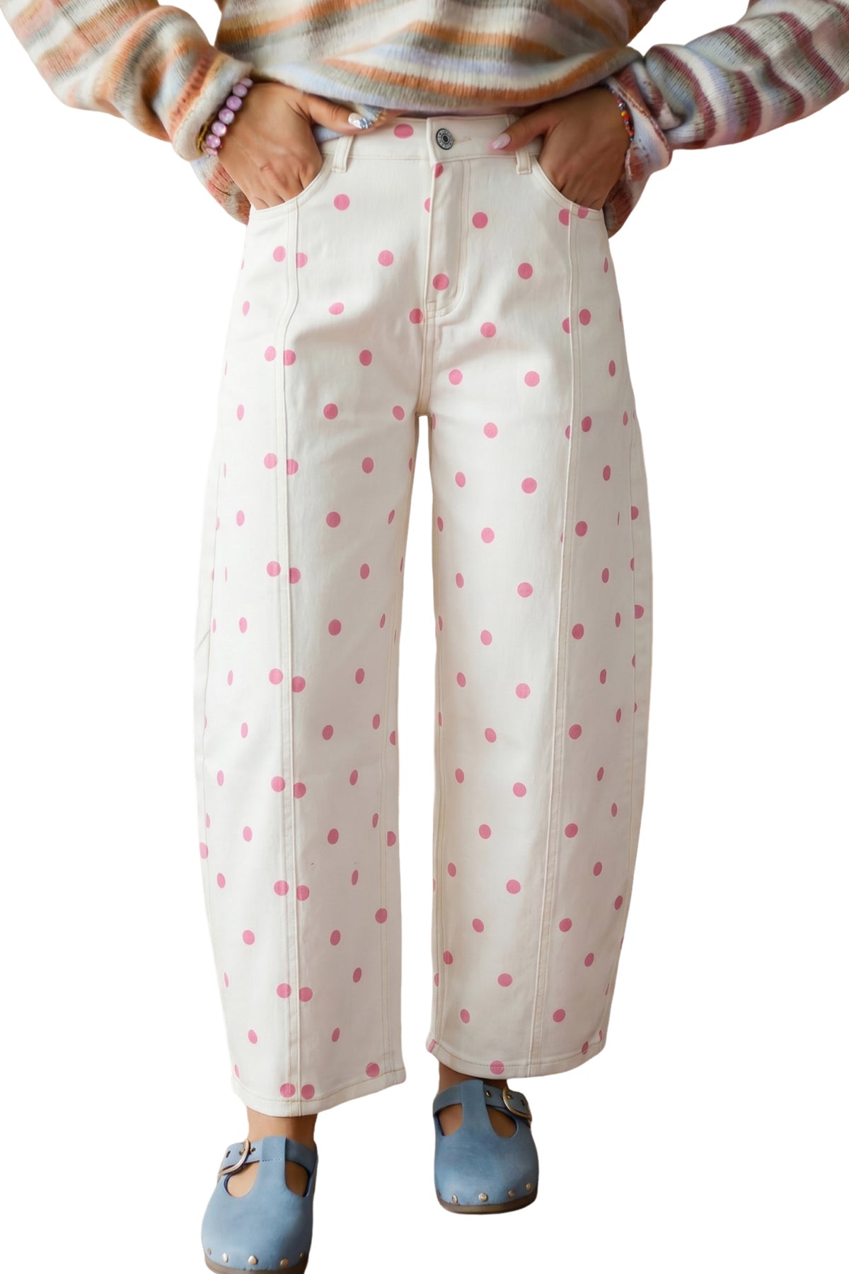 Pink polka dot print barrel jeans with seam detail from Dear-Lover Dropshipping, made of cotton, polyester, and elastane fabric.