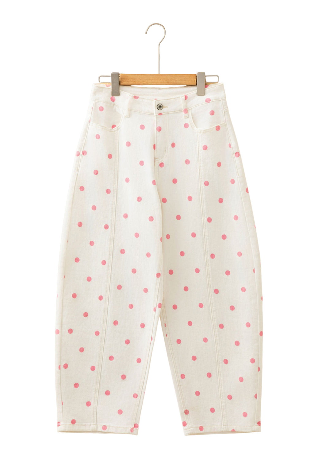 Pink polka dot print barrel jeans with seam details by Dear-Lover Dropshipping, made of cotton, polyester, and elastane.