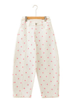 Pink polka dot print barrel jeans with seam details by Dear-Lover Dropshipping, made of cotton, polyester, and elastane.