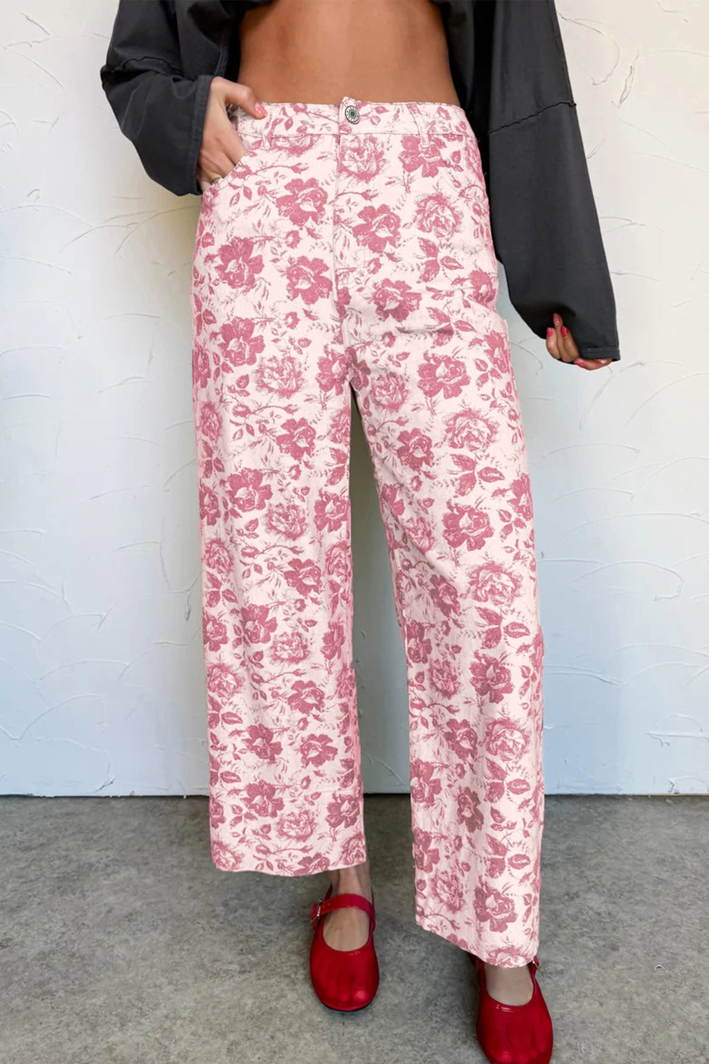 Pink vintage floral print denim shift pants by Dear-Lover, lightweight cotton stretch casual bottoms for women.