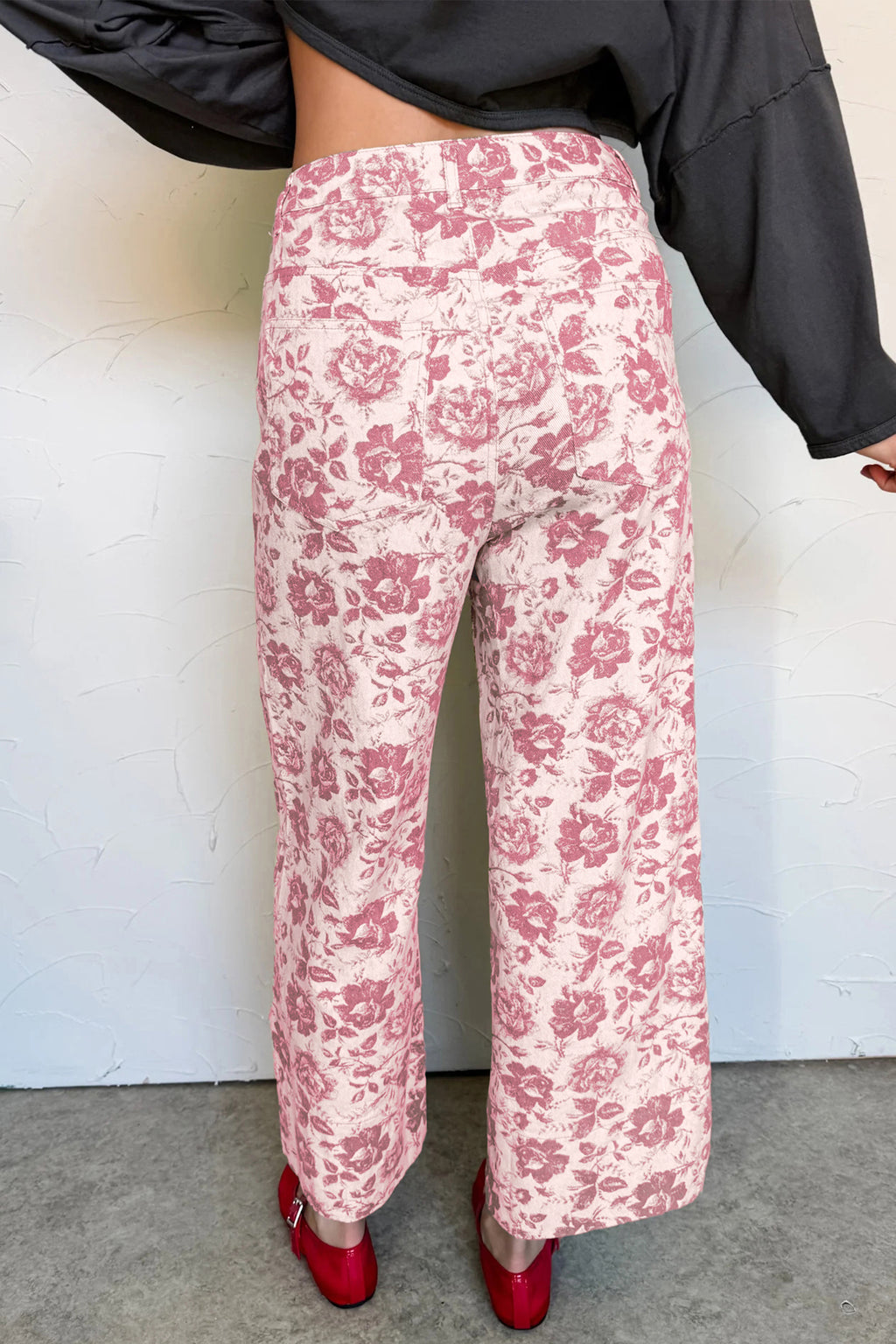 Pink vintage floral print denim shift pants by Dear-Lover, featuring cotton and elastane fabric with a relaxed fit.