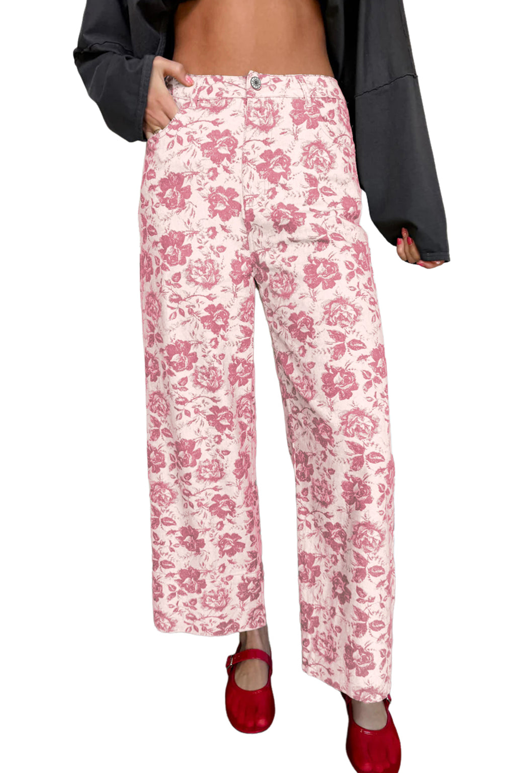 Pink vintage floral print denim shift pants by Dear-Lover, featuring cotton and elastane fabric, casual bottoms for women.