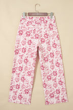 Pink vintage floral print denim shift pants for women, Dear-Lover brand, made of cotton and elastane, casual bottoms with floral design.