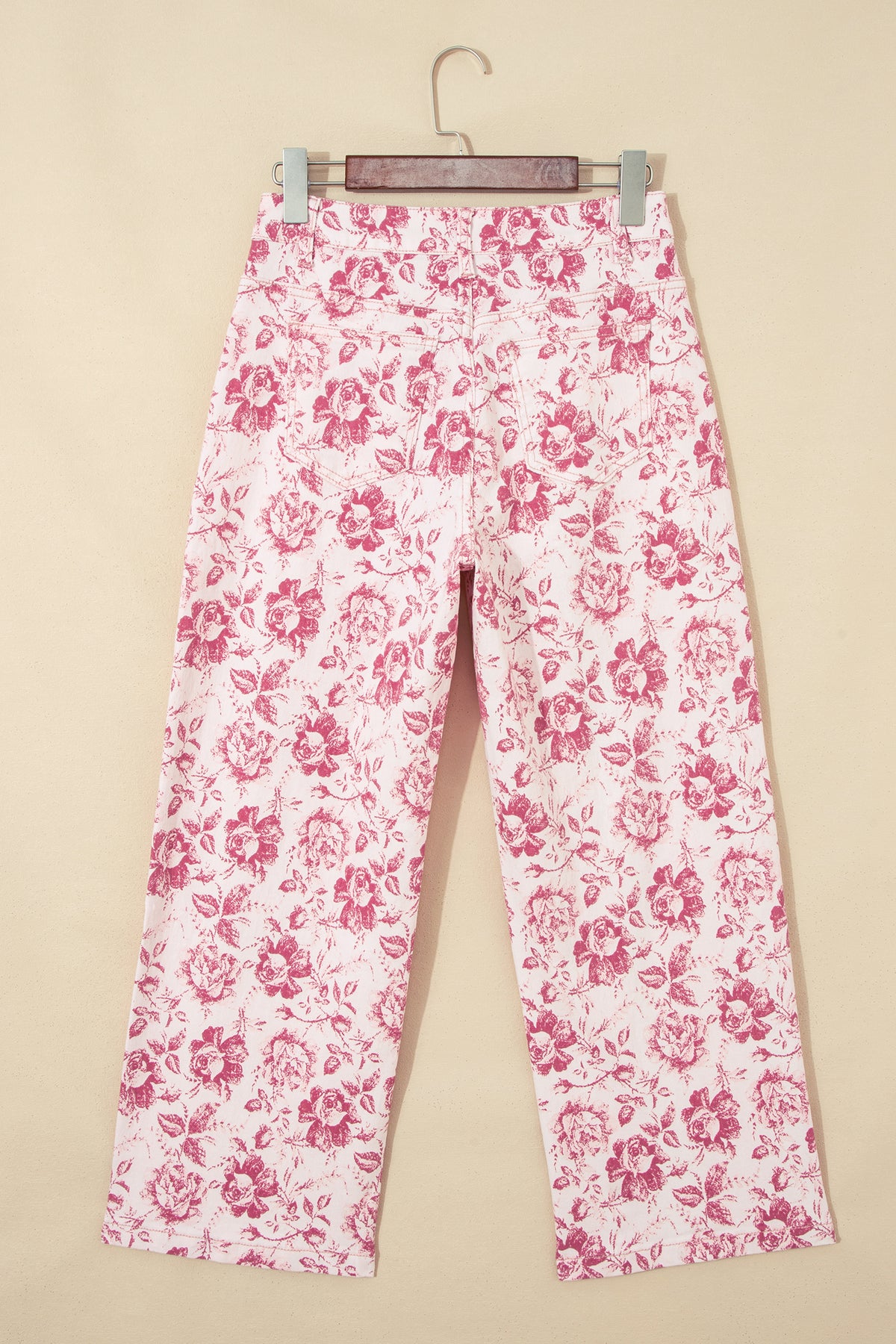 Pink vintage floral print denim shift pants for women, Dear-Lover brand, made of cotton and elastane, casual bottoms with floral design.