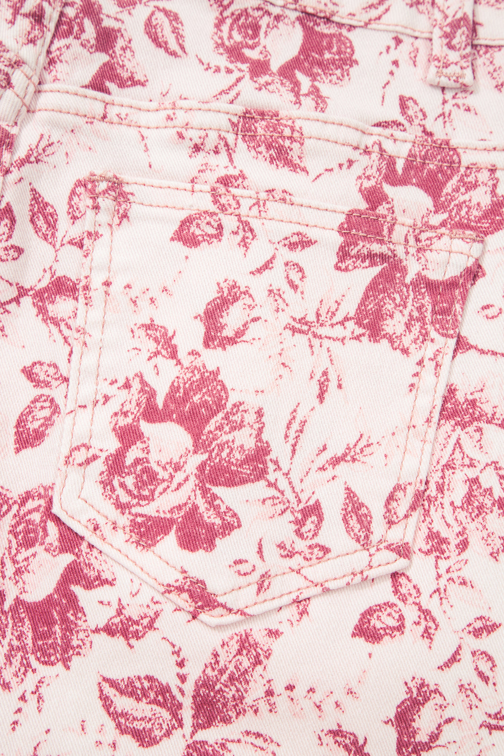 Pink vintage floral print denim shift pants from Dear-Lover, featuring cotton and elastane blend jeans with a relaxed fit.