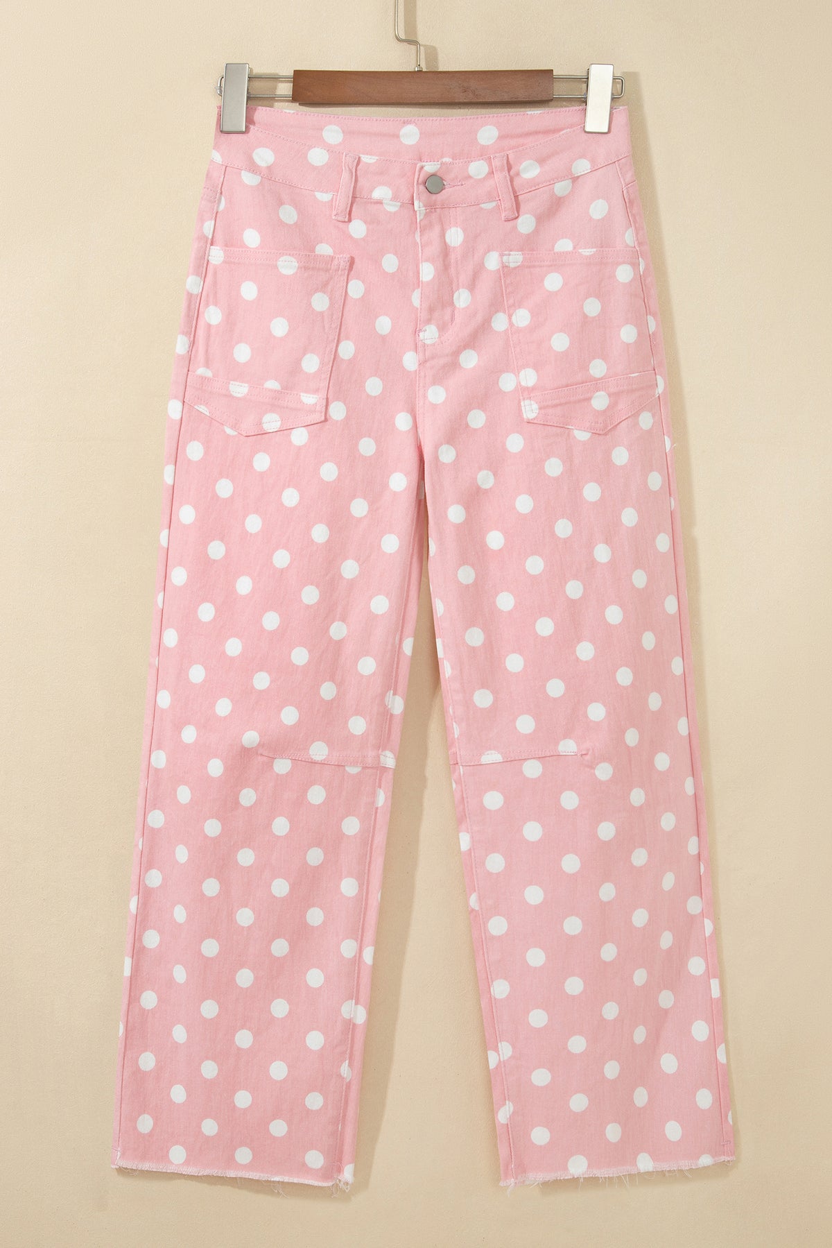 Pink polka dot casual slim fit jeans from Dear-Lover Dropshipping, showing the stylish denim with playful polka dot pattern.