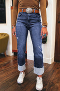 Dear-Lover distressed teal high waist straight jeans with folded cuffs, made of cotton, polyester, viscose, and elastane.