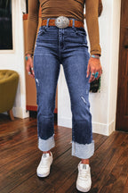 Dear-Lover distressed teal high waist straight jeans with folded cuffs, made of cotton, polyester, viscose, and elastane.