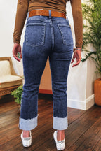 Dear-Lover distressed teal high-waist jeans with folded cuffs, straight cut, made of cotton, polyester, viscose, and elastane.