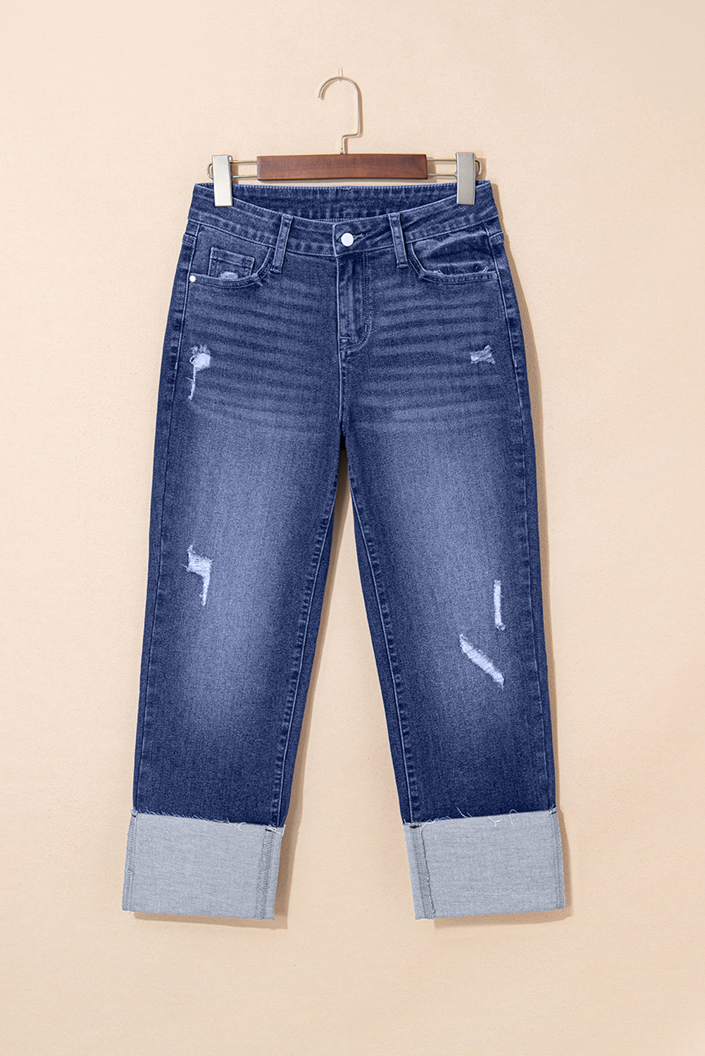 Dear-Lover distressed teal high-waist straight jeans with folded cuffs, made of cotton, polyester, viscose, and elastane, shown folded.