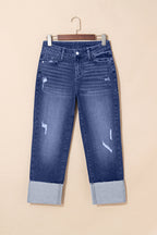 Dear-Lover distressed teal high-waist straight jeans with folded cuffs, made of cotton, polyester, viscose, and elastane, shown folded.