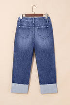 Real teal distressed high waist straight jeans with folded cuffs by Dear-Lover, made of cotton, polyester, viscose, and elastane.