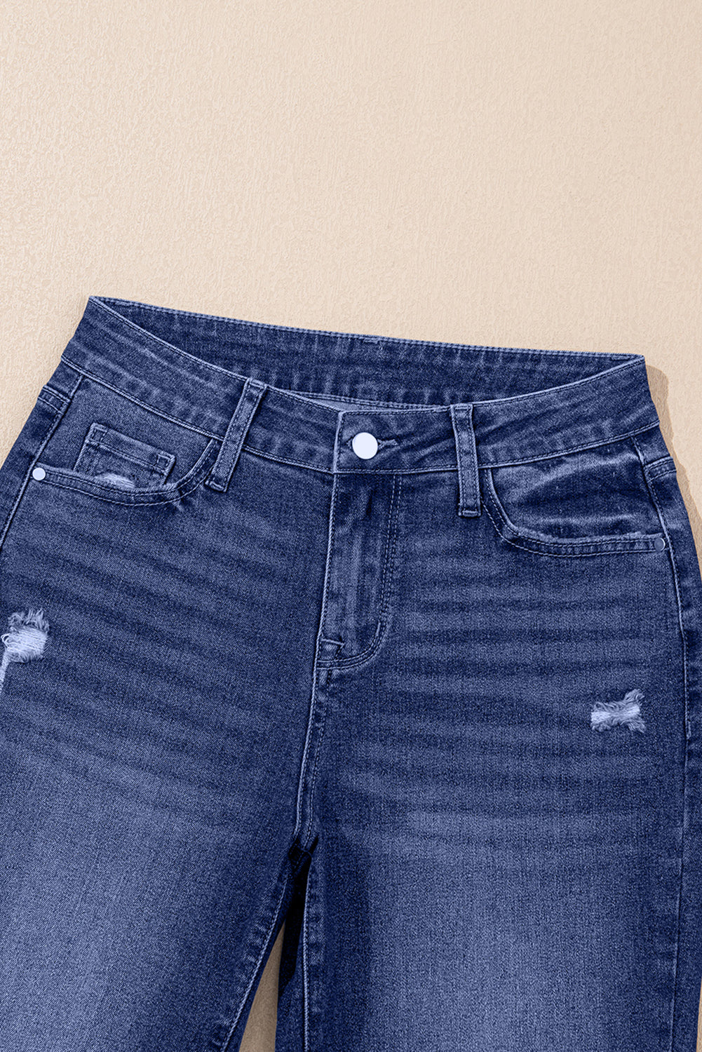 Dear-Lover distressed teal high-waist straight jeans with folded cuffs, made of cotton, polyester, viscose, and elastane, shown folded.