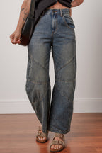 Dear-Lover loose straight high waist barrel jeans with exposed stitching in sail blue, made of cotton, polyester, and elastane.