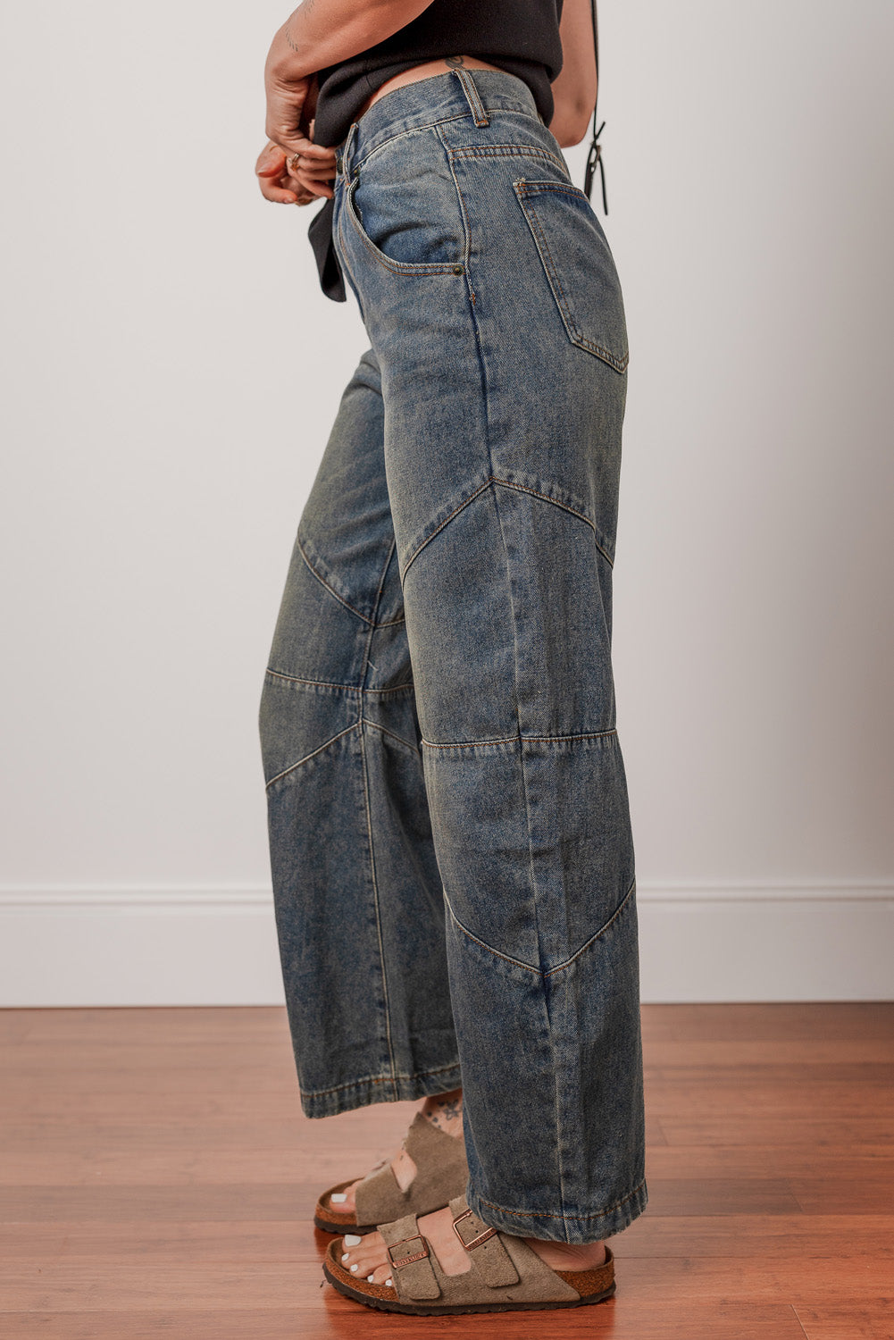 Sail blue high waist barrel jeans with exposed stitching, loose straight fit, made of cotton, polyester, and elastane by Dear-Lover.